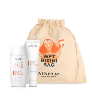 Set Wet Bikini Bag Skin Primers format din saculet pentru bikini, exfoliant pe baza de orez si emulsie faciala cu protectie solara SPF 50
